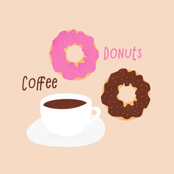 Donuts Tea Cup Design Love Concept Hearts — Stock Vector