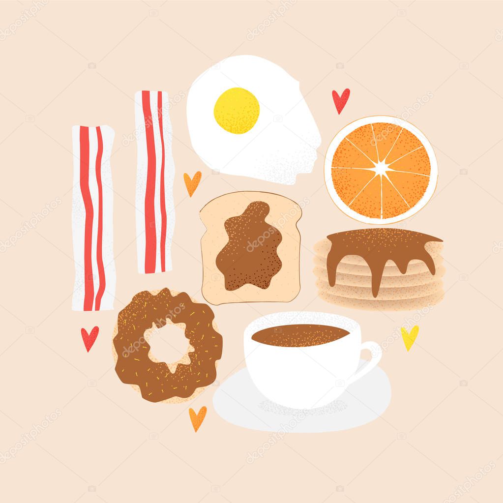 Breakfast vector concept, brunch illustration with donut
