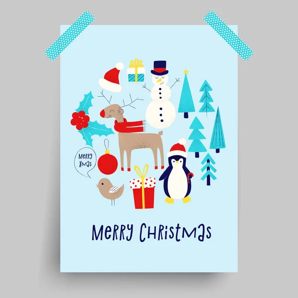 Cartão Natal Com Boneco Neve Pinguim Veado —  Vetores de Stock
