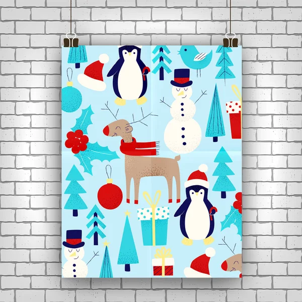 Tarjeta Navidad Con Muñeco Nieve Pingüino Ciervo — Archivo Imágenes Vectoriales