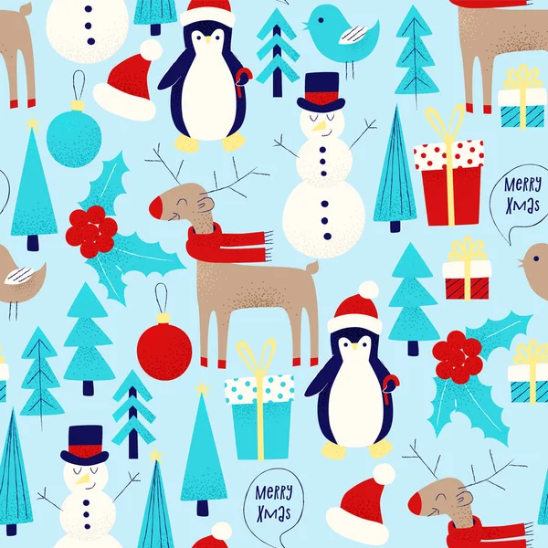 Kerstkaart Met Sneeuwpop Pinguïn Herten Naadloze Patroon — Stockvector