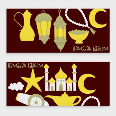 Ramazan kareem şablonlarıyla altın fener ve kahverengi zemin, vektör çizim Camii simgeler kümesi
