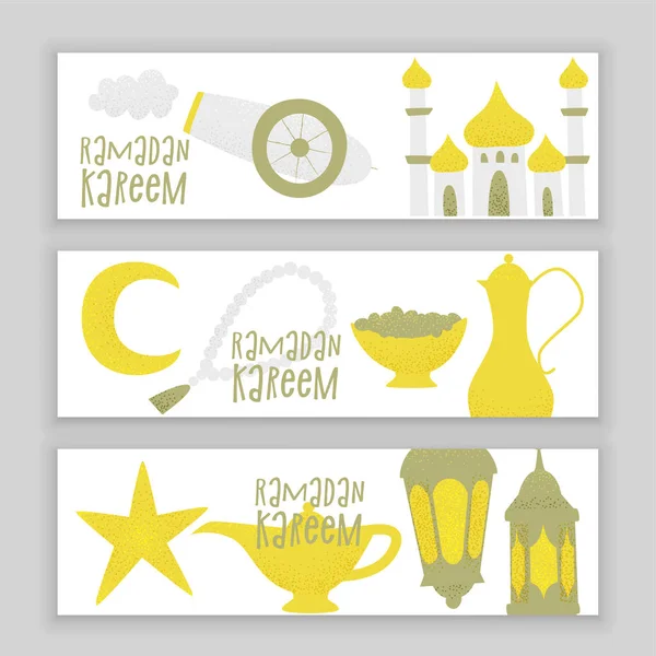 Conjunto Modelos Ramadan Kareem Com Lanternas Douradas Ícones Mesquita Sobre —  Vetores de Stock