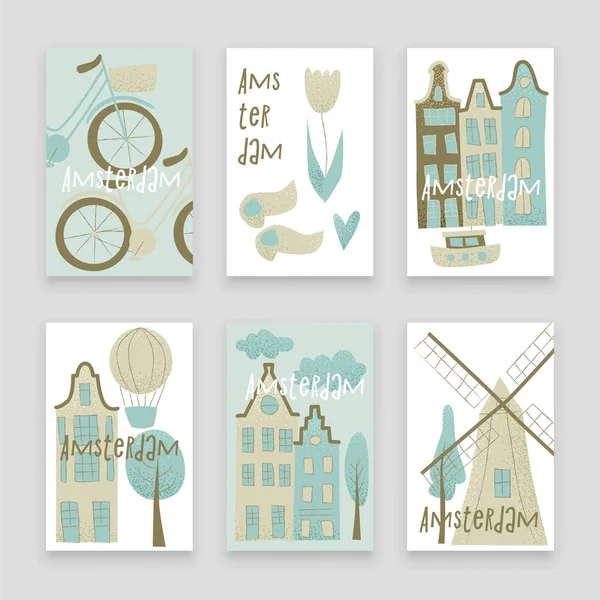 Conjunto Cartões Postais Com Desenho Cidade Amsterdã Ilustração Vetorial — Vetor de Stock