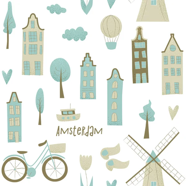 Amsterdam Design Houses Windmill Tulips Hot Air Balloon Vector Illustration — Stock Vector