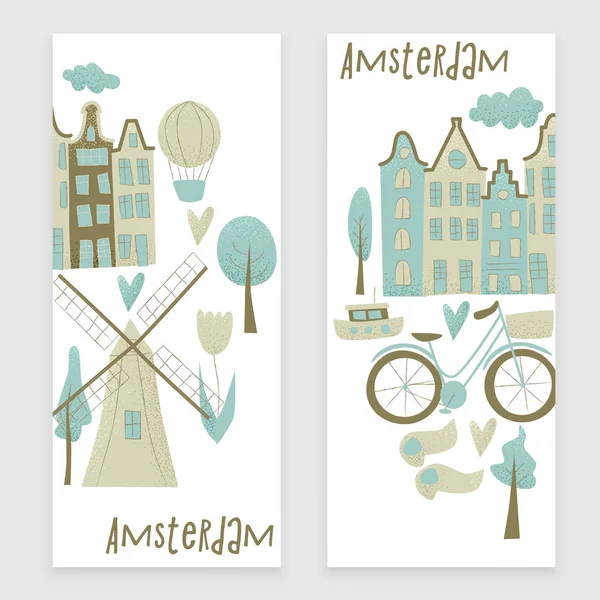 Zestaw Pocztówek Amsterdam City Projektu Ilustracji Wektorowych — Wektor stockowy
