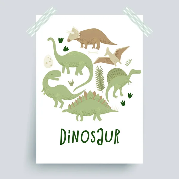 Ansichtkaart Met Kleur Dinosaurussen Vectorillustratie — Stockvector