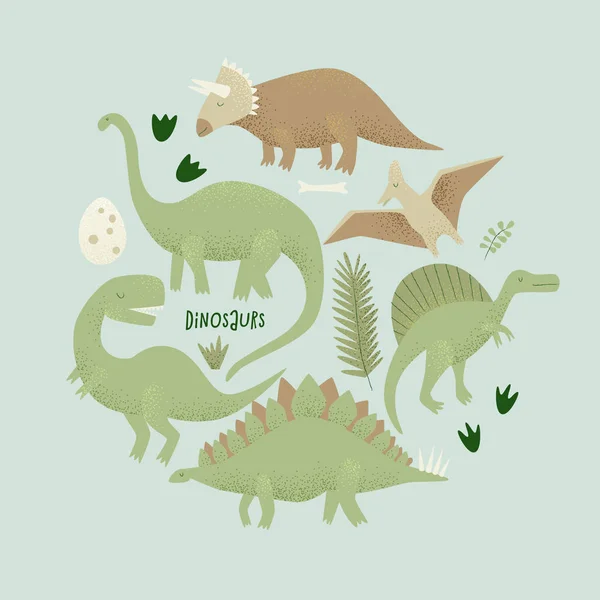 Postal Con Dinosaurios Color Ilustración Vectorial — Archivo Imágenes Vectoriales