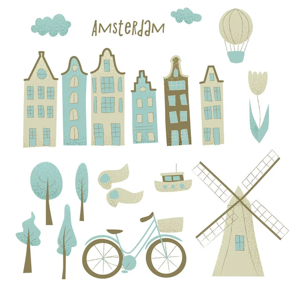 Ilustracja Wektorowa Amsterdam Domów Wiatrak Tulipany Balonem — Wektor stockowy