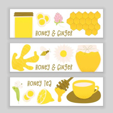 Bal ve zencefil tasarım kavramı, vektör bal tarak ve arı, dilimlenmiş zencefil kökü.