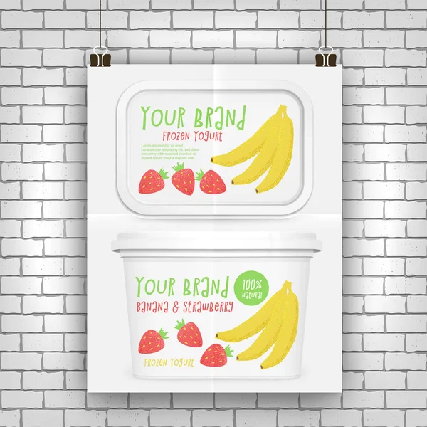 Yogurt Box Mockup Vector Design Banana Strawberry Frozen Yogurt — Stock Vector