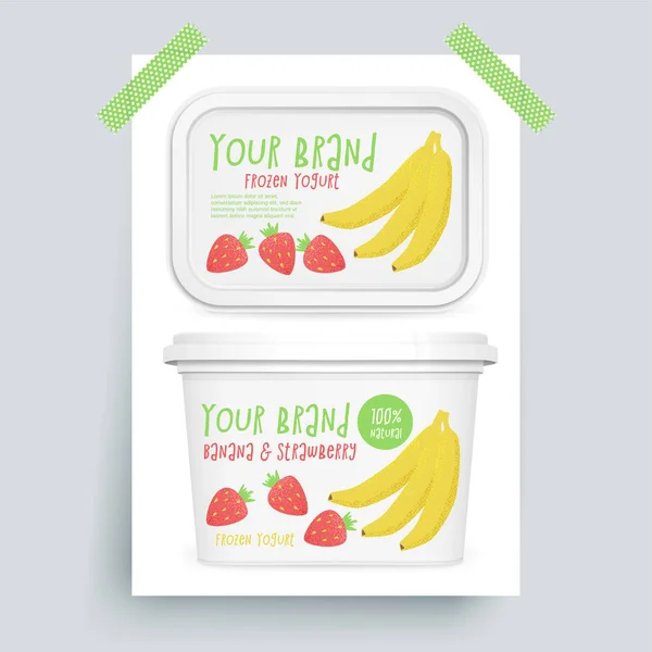 Maqueta Caja Yogur Diseño Vector Con Yogur Congelado Plátano Fresa — Vector de stock