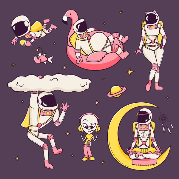 Conjunto de astronautas. Alien, hippie meditando en la Luna, mujer atractiva y astronauta perezoso . Vectores de stock libres de derechos