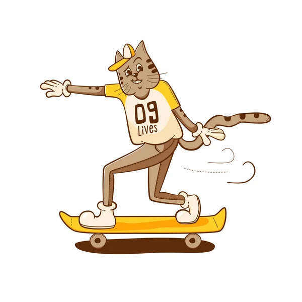 Gato a andar de skate. 9 vidas t camisa design . Vetores De Bancos De Imagens Sem Royalties