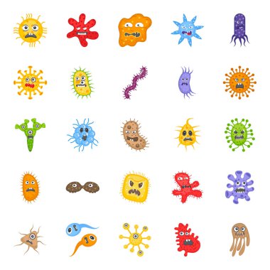 Proje ihtiyaçlarınız için mükemmel, büyüleyici, düzenlenebilir sembolizm vektörleri gösteren mikroorganizma düz simgelerine bir göz atın. İndir onu. !