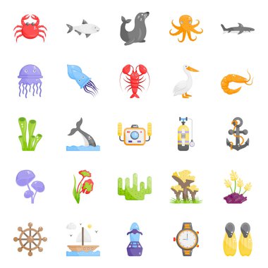 Deniz hayvanlarının düz simgelerini mi arıyorsunuz? Burada su altı ekosistemlerini tanımlayan düz bir simge seti getiriyoruz. Bu çeşitli mercan sürüsü bakmak için güzel ve kullanmak için yararlıdır. Mutlu Tasarım!