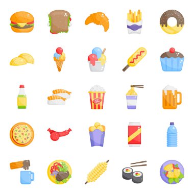 Bu paket fast food ile ilgili düz ikonlar isteyen herkes için. O zaman ne bekliyorsun! İndirme butonuna tıklayın ve bu lezzetli sokak yiyeceklerini paketleyin..