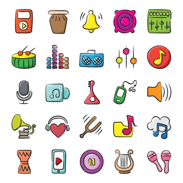 Dispositivos Musicais Doodle Icon Pack Torne Sua Música Mídia Projetos —  Vetores de Stock