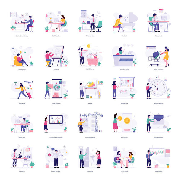 Download these collection of tasks illustrations in completely editable flat style vectors. These illustrations incorporate business, marketing, management and related ideas, useful for any of your design projects.
