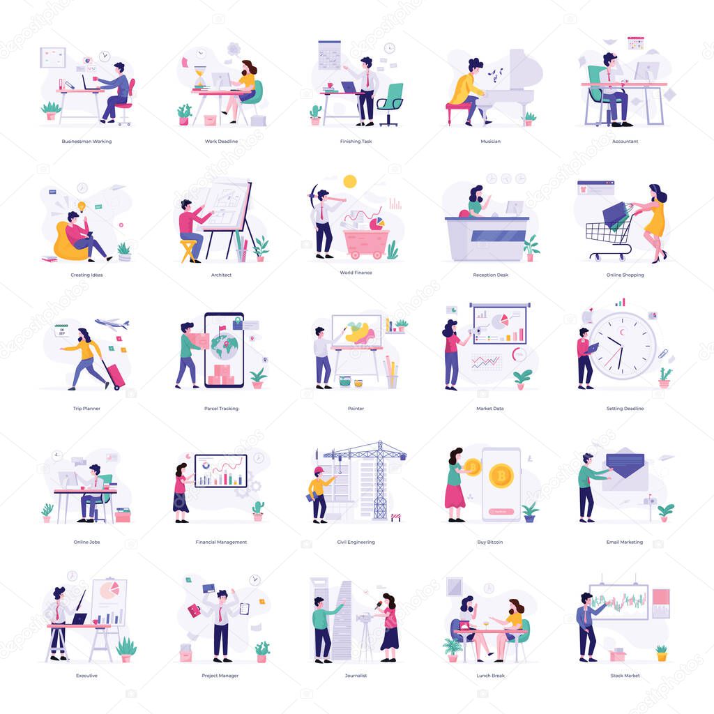 Download these collection of tasks illustrations in completely editable flat style vectors. These illustrations incorporate business, marketing, management and related ideas, useful for any of your design projects.