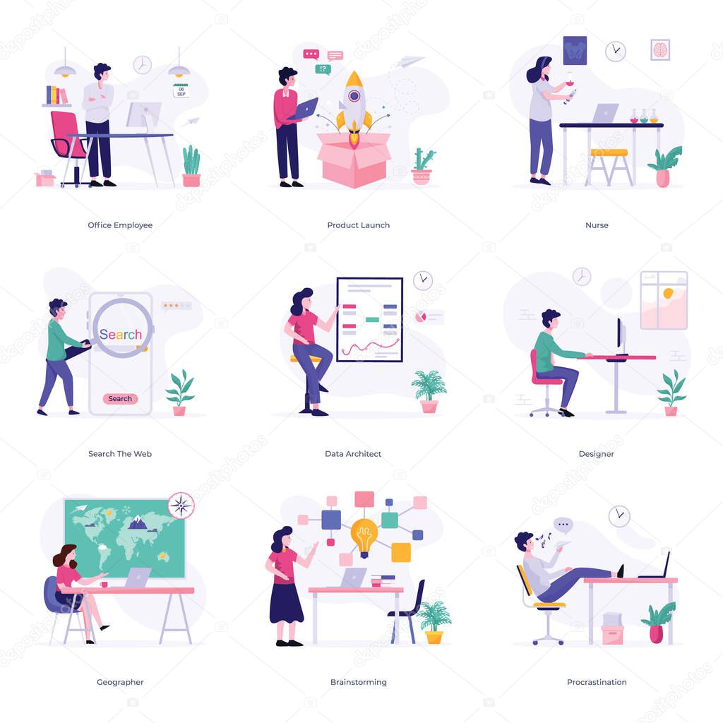 Download these collection of routine activities illustrations in completely editable flat style vectors. These illustrations incorporate business, marketing, management and related ideas, useful for any of your design projects.