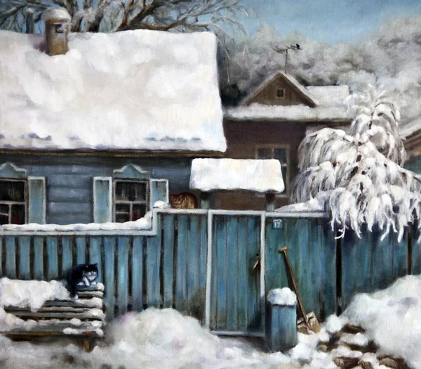 Paisagem Inverno Com Gatos Uma Rua Aldeia Pintura Óleo Sobre — Fotografia de Stock
