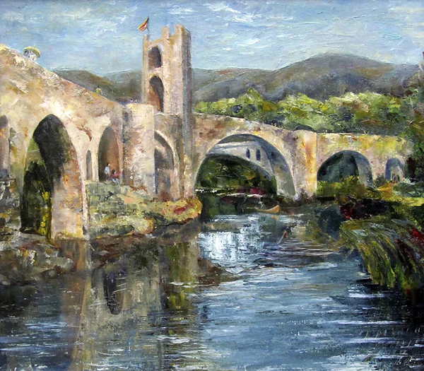 Paisagem Cênica Com Antigo Viaduto Uma Cidade Espanhola Pintura Óleo — Fotografia de Stock