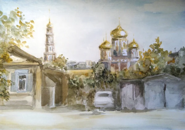 Cityscape Aquarela Com Vista Para Templo Uma Cidade Russa — Fotografia de Stock
