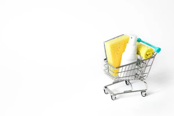 Carrito Compras Con Detergentes Esponjas Para Platos Espacio Libre Para — Foto de Stock