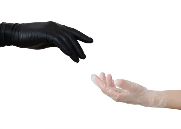 Две Руки Стерильных Перчатках Тянутся Друг Другу Руки Черном Нитриле — стоковое фото
