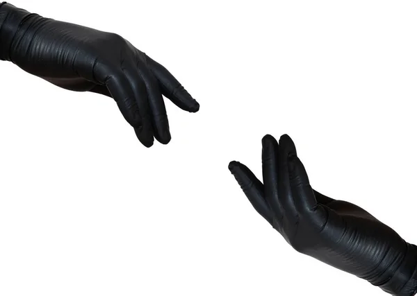 Dwie Ręce Sterylnych Rękawiczkach Rozciągają Się Siebie Ręce Czarnych Rękawiczkach — Zdjęcie stockowe