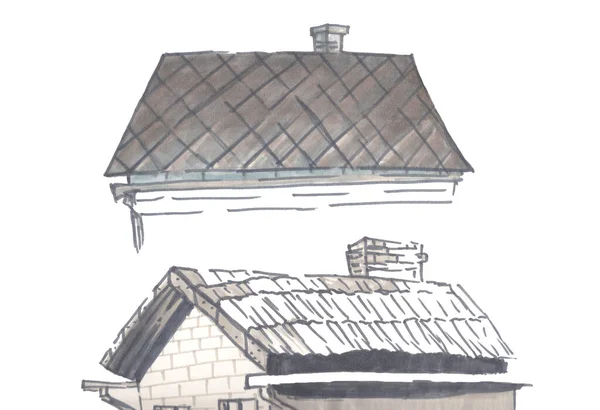 건물의 지붕. 표시. 손으로 그린 삽화. — 스톡 사진
