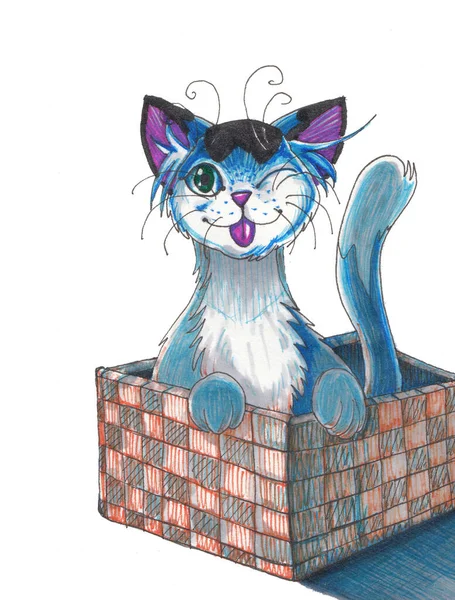 Ilustração desenhada à mão O gato na cesta . — Fotografia de Stock