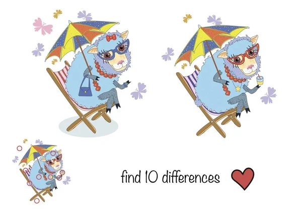 stock vector  find 10 differences. little sheep resting in a deck chair under an umbrella and drinking a cocktail