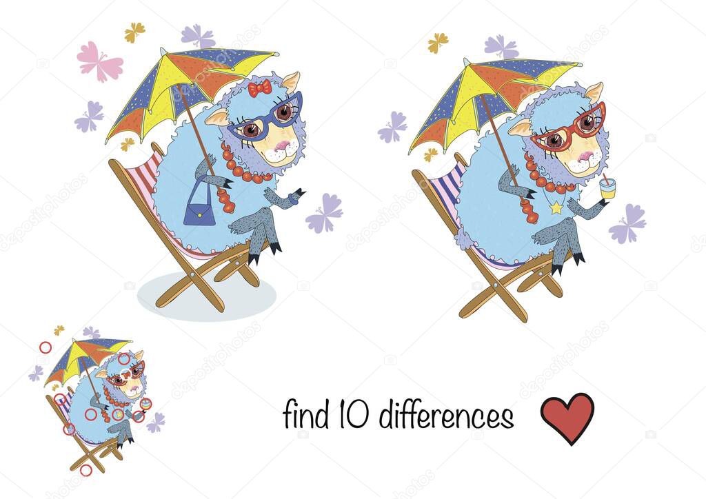  find 10 differences. little sheep resting in a deck chair under an umbrella and drinking a cocktail