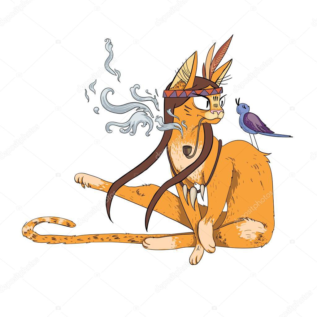 Vector isolated on a white background. Red cat indian and bluebird. 