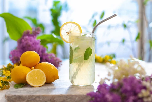 Citronnade Glacée Aux Agrumes Dans Pichet Des Verres Décoration Tranches — Photo