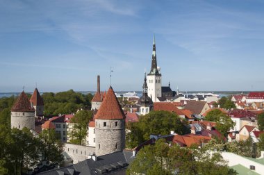 Tallinn 'in çatıları ve kuleleri. Gözlem güvertesinden Eski Şehir manzarası.