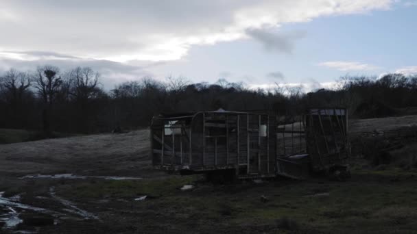 Broken Wooden Horse Carriage Grassfield Northern Ireland Wide Shot — Stock Video