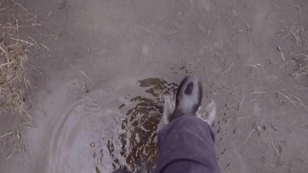 Homem Wellies Andando Poças Enlameadas Campo Ponto Vista Câmera Lenta — Vídeo de Stock