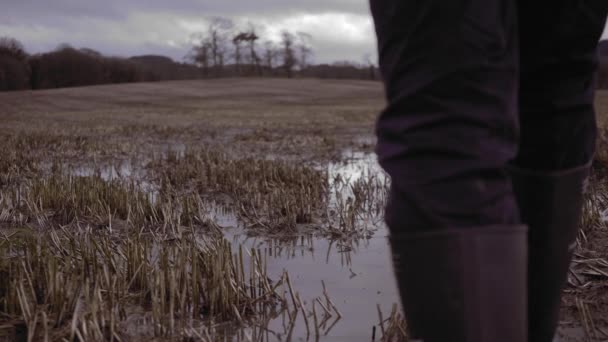 Man Wellies Går Genom Pölar Landsbygden Graderade Slow Motion — Stockvideo