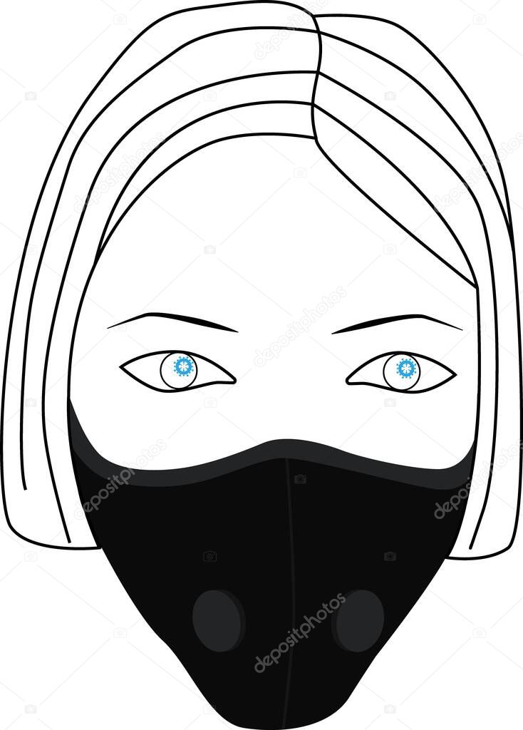 Girl in a medical mask. In the eyes of the girl reflected the image of the virus. Virus Covid19, epidemy. Quarantine