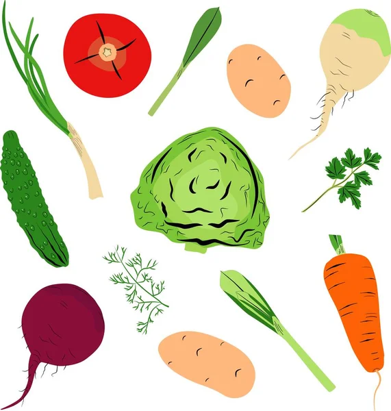 Set aus verschiedenen bunten Gemüse im handgezeichneten Doodle-Stil isoliert auf weißem Hintergrund. — Stockvektor