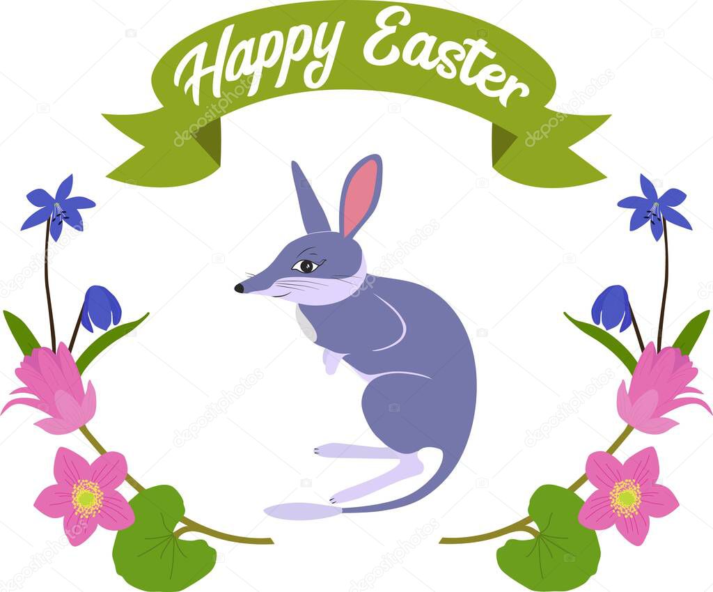 Poster with cute little easter bilby isolated on white background. Great for greeting cards and posters.