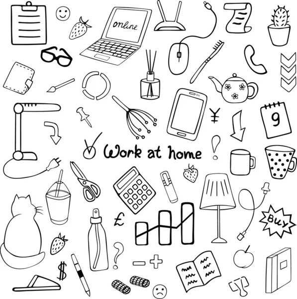 Sevimli vektör çizilmiş karalama seti. Coronavirus, Covid-19, evde kalın, evde çalışın. Pandemik koruma. Karantina pozitif karalama simgeleri, beyaz arkaplanda izole edilmiş ev ögeleri.