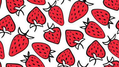 Çilek deseni, sevimli elli, renksiz vektör deseni.