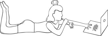 Yerde yatan, havuç yiyen ve dizüstü bilgisayarla çalışan bir kadın. Çalış ya da çalış, rahatla, serbest çalış. Vektör el çizimi biçim illüstrasyonu