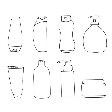 Farklı kozmetik şişeler ve ambalajlar. Güzellik ürünleri paketi. El çizimi vektör illüstrasyonu.
