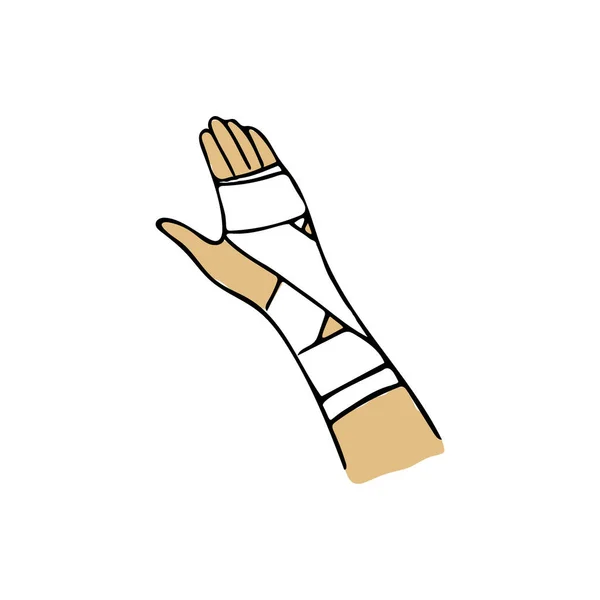 Vendaje para el brazo, primeros auxilios de emergencia médica. Vector ilustración dibujada a mano persona lesionada . — Archivo Imágenes Vectoriales