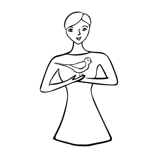 少女はオウムを抱いている 白い背景に孤立した女性キャラクターとエキゾチックな鳥 手描きベクトルイラスト — ストックベクタ